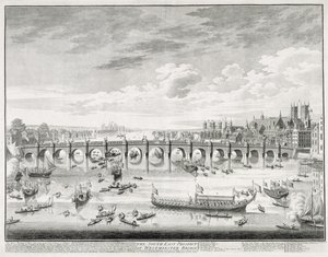 Het zuidoostelijke uitzicht op Westminster Bridge - Boten arriveren bij het Parlement voor de beëdiging van Sir John Barnard (1685-1764) als Lord Mayor van de City of London, 1747